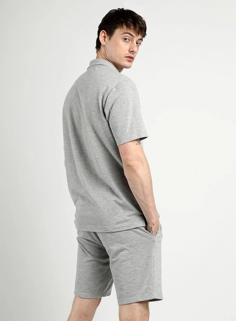 CAHOOT  Men's Light Grey Heathered Knitted Co-Ord Set For Casual Wear | Cuban Collar | Short Sleeve | Button Closure | Co-Ords Crafted With Comfort Fit For Everyday Wear for Men | Best Price UAE